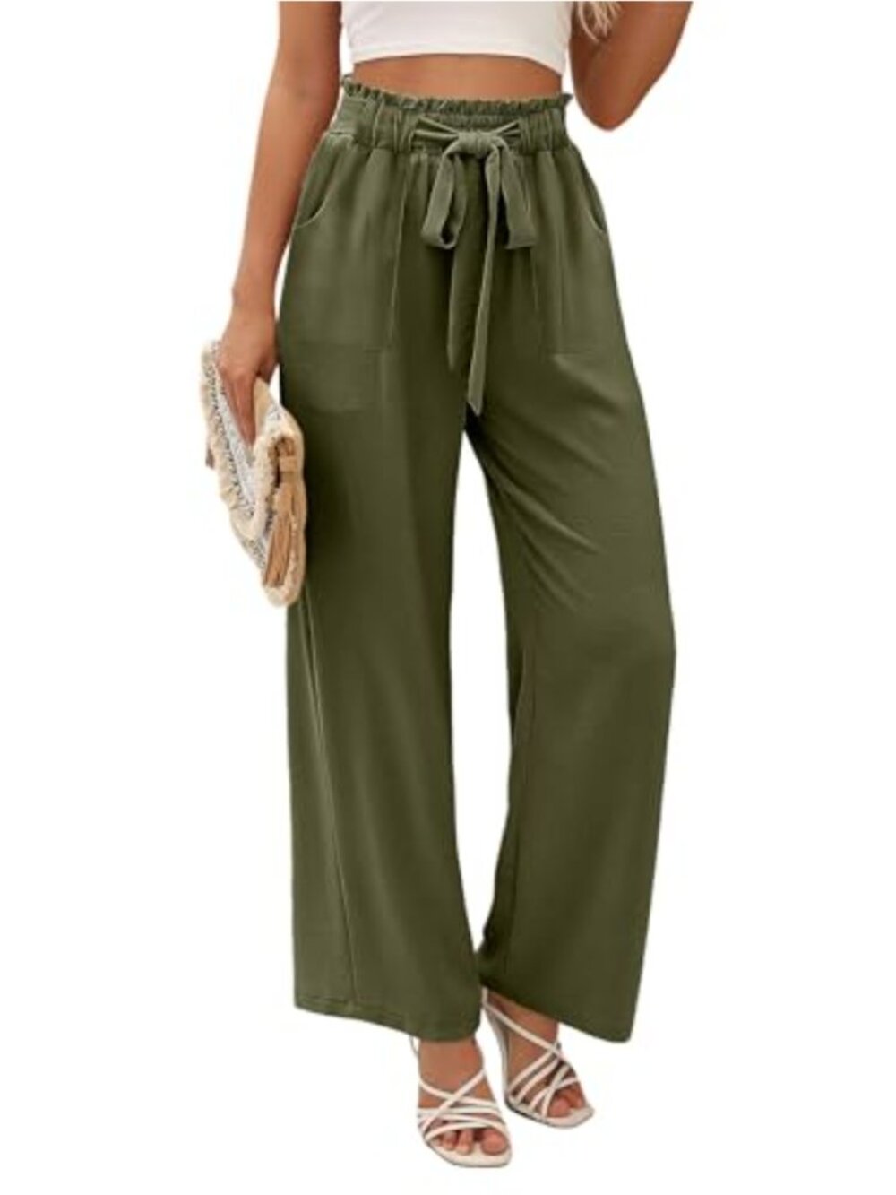 Wide Leg High Waist Pants with Pockets Lightweight Polyester Trousers